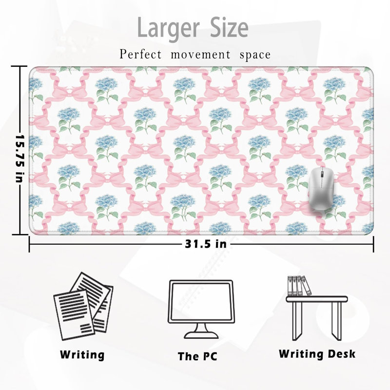 Grand tapis de souris bleu hortensia 35,54 po x 15,7 po, coquette tendance avec nœud papillon rose