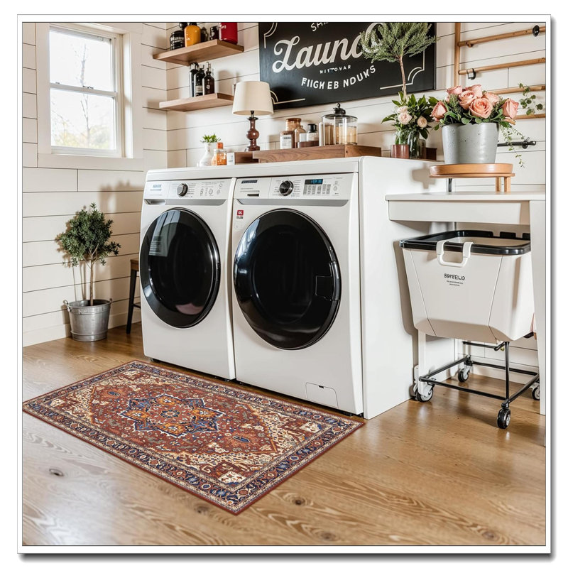 2X4 Ultra-Thin Washable Non-Slip Oriental Rug - Stain Resistant Throw Rug For Kitchen Entryway Bathroom Laundry - Brown/Multi