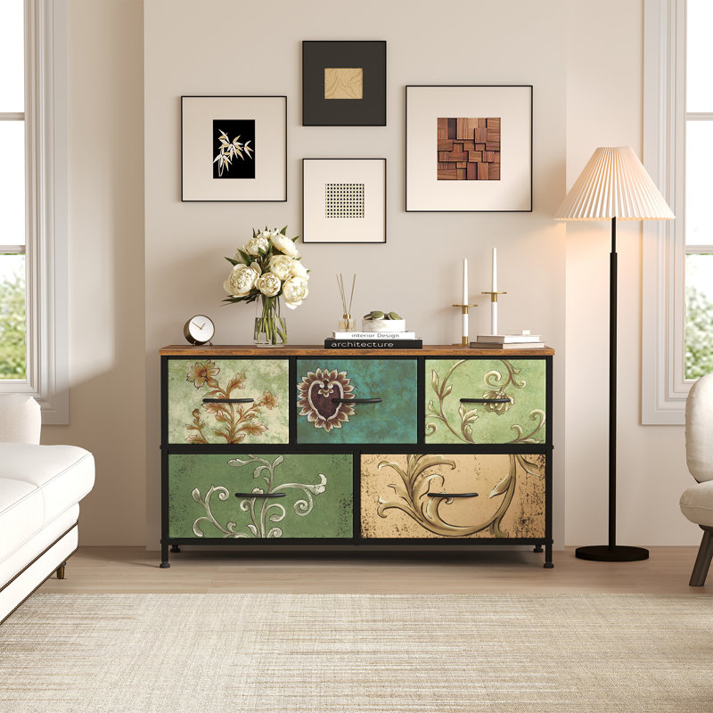 Kathiria 39.4"W 5 Drawer Small Dresser, Kid Dresser, Light Gray/White/Natural
