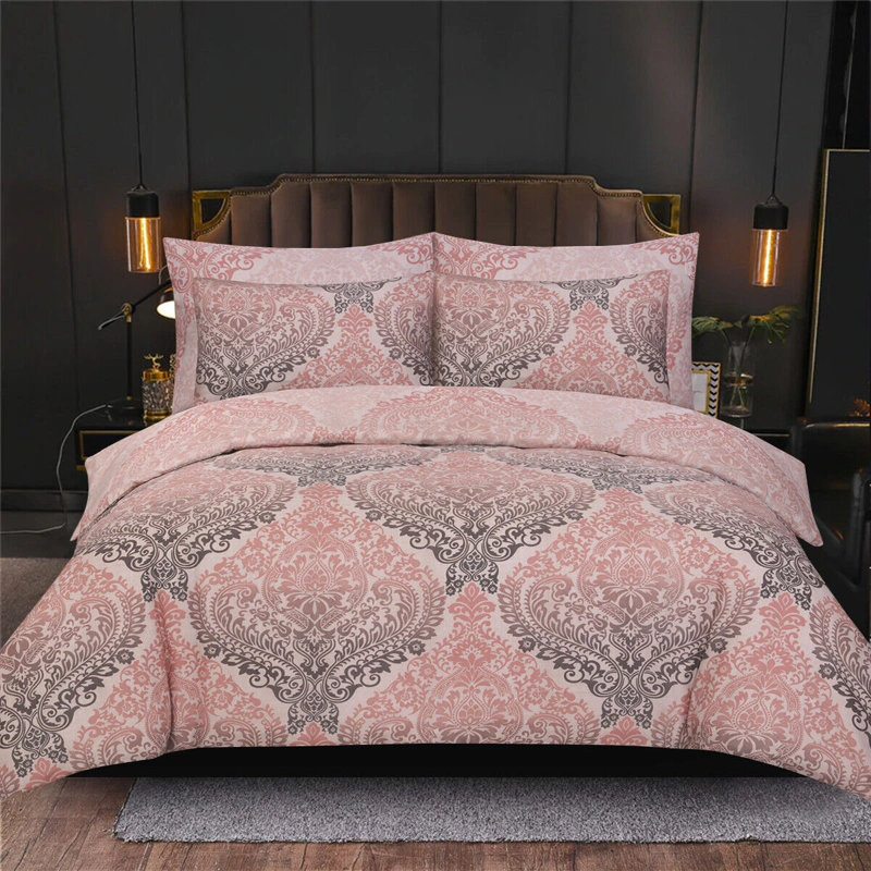 Cotton Blend No Pattern Duvet Cover with Pillowcases, Double Duvet Cover + 2 Standard Pillowcases, Pink Damask