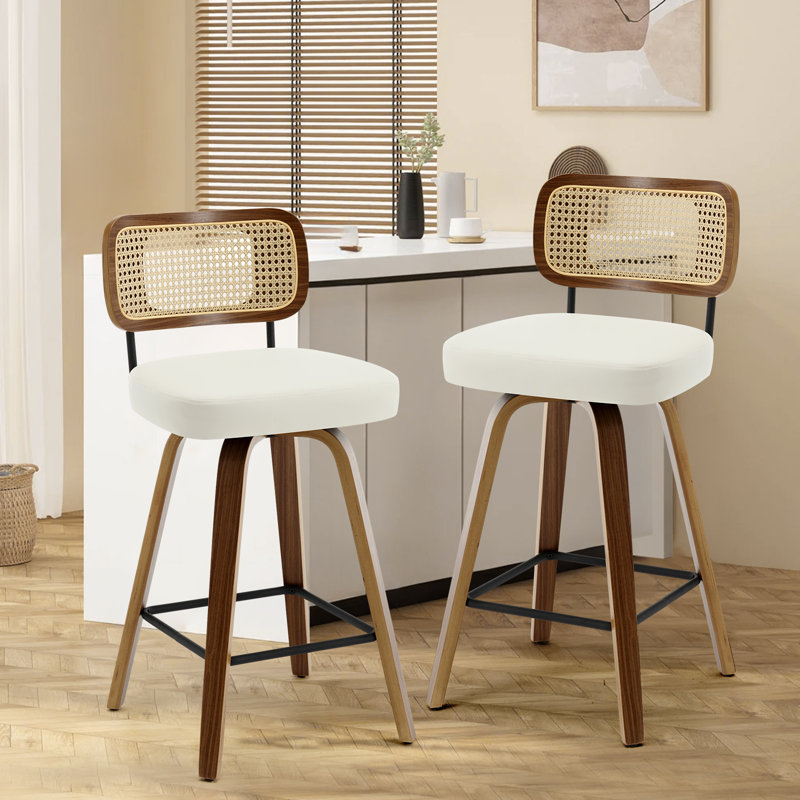 Julieza Swivel Upholstered Rattan Back Counter & Bar Stool, Counter Stool (26" Seat Height), White, Brown