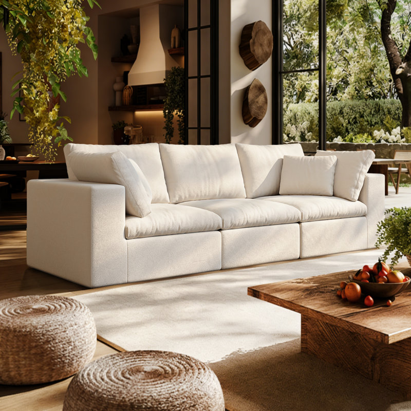 Boneless Large Modular Sectional Sofa,Convertible 3-Seater Floor Couch,No Assembly Required & Boxed Delivery,Plush With Pillows,Modern Minimalist In White
