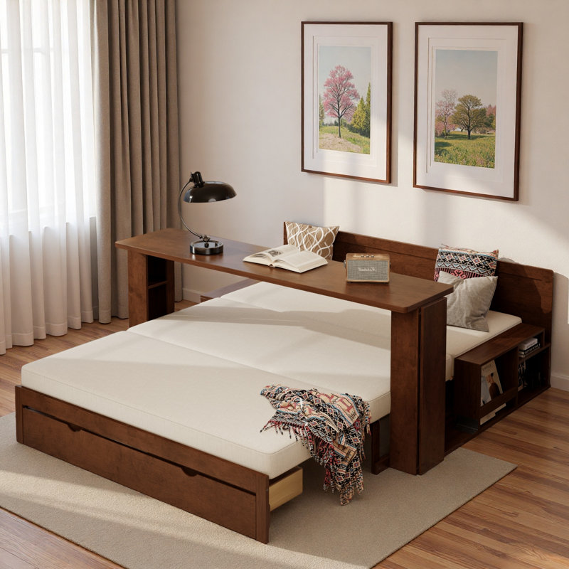 Multifunctional Daybed With Storage Drawer, Open Compartments And Hydraulic Side Table, Brown