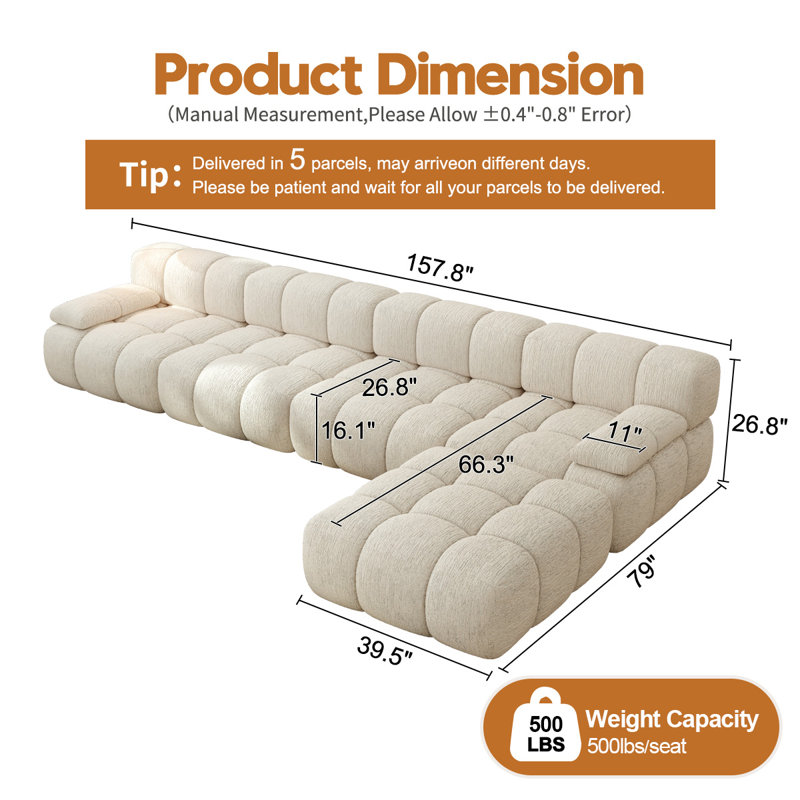 Canapé modulaire en L recouvert de velours côtelé 157 pièces de l 157,8 po, Beige, L Shaped