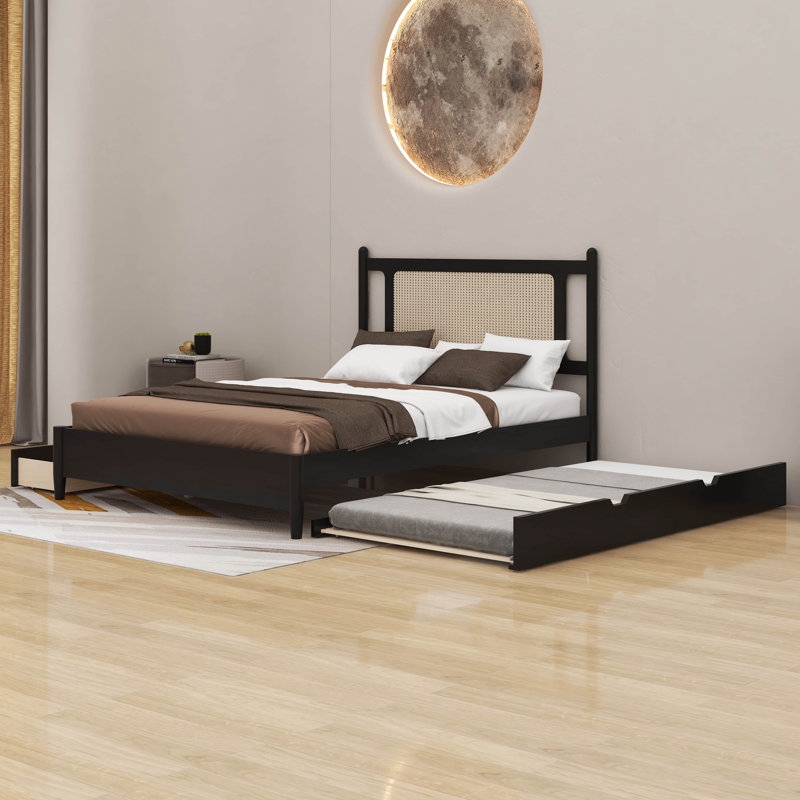  Grand lit plateforme en rotin Nanango avec 2 grands tiroirs et un lit gigogne en bois, Espresso