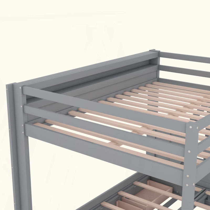 Lit superposé convertible en bois avec escalier de rangement, table de chevet et 3 tiroirs