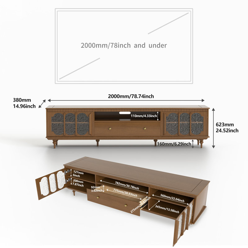 Devis 78.7" Modern TV Stand with Textured Cabinet Doors, Media Console with Adjustable/Removable Shelving, Walnut Finish