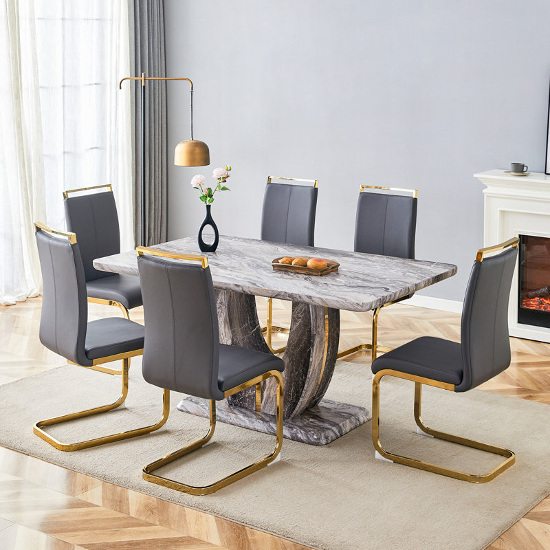 63" Modern Dining Table Set With PU Leather Chairs, U-Shaped MDF Base, Gray, 7 Pieces: Table, 6 Chairs