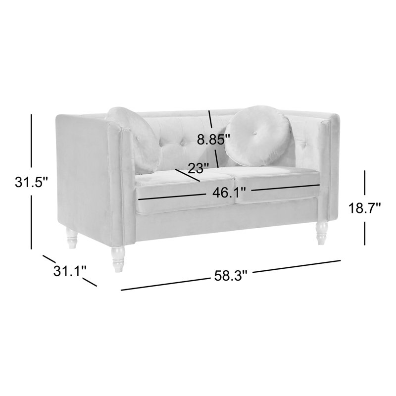 Eveland 58.3" Velvet Tuxedo Arm Chesterfield Loveseat, Ivory Velvet