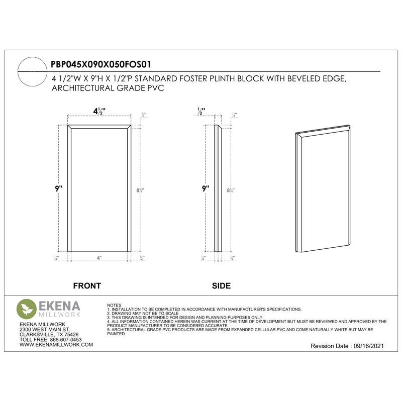 4 1/2"W x 9"H x 1/2"P Standard Foster Plinth Block with Beveled Edge, 9" H x 4.5" W x 0.5" D