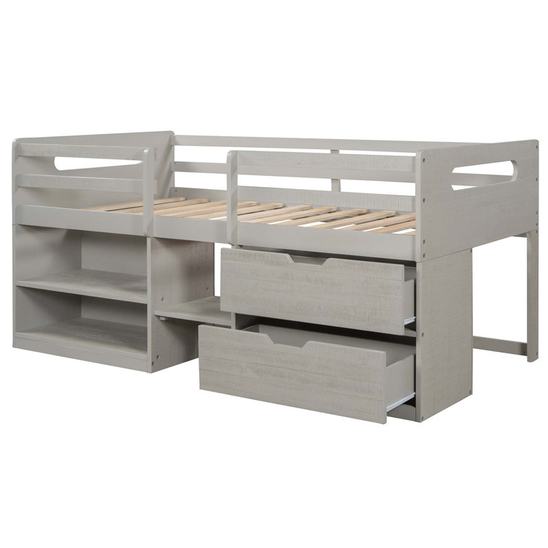 Lit mezzanine avec deux tablettes et deux tiroirs, Gris antique