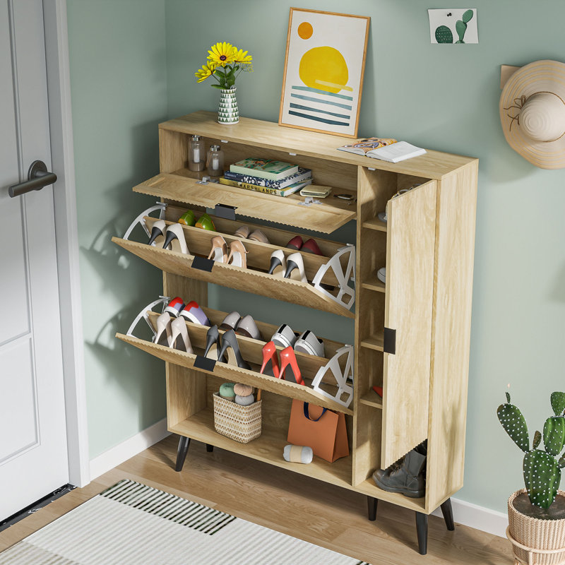Shoe Storage Cabinet with Flip Drawers, Fluted Panel Freestanding Hidden Shoe Organizer, Wood