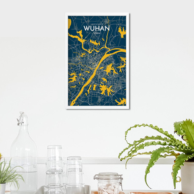 Carte de la ville de Whan, impression, H 17 po x l 11 po, Bleu / jaune