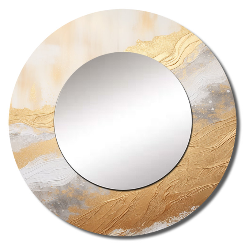 Minimal Gold And Beige Abstract River V - Northern Lights Decorative Mirror, Beige Round Wall Mirror, Printed Metal Art