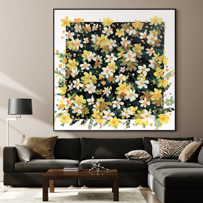Floral Field Vibrant Yellow and White Blossoms Extra Large Framed Wall Art Print Decor (Frame Assembly Required)