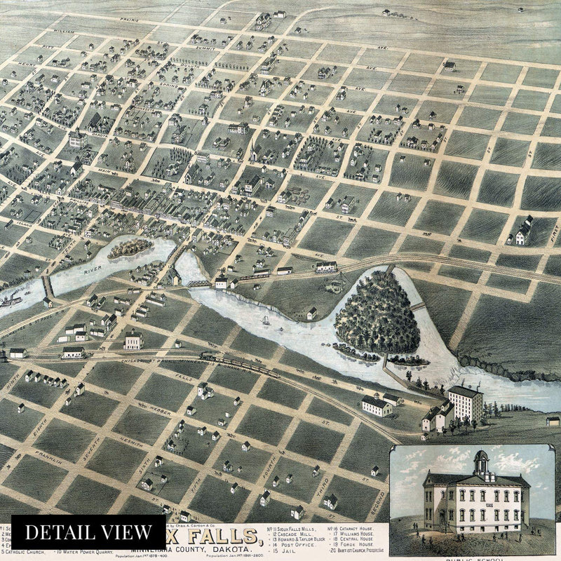 Carte rétro du Dakota du Sud de Sioux Falls en 1881 - impression sur papier, H 18 po x l 24 po x 0,1 po