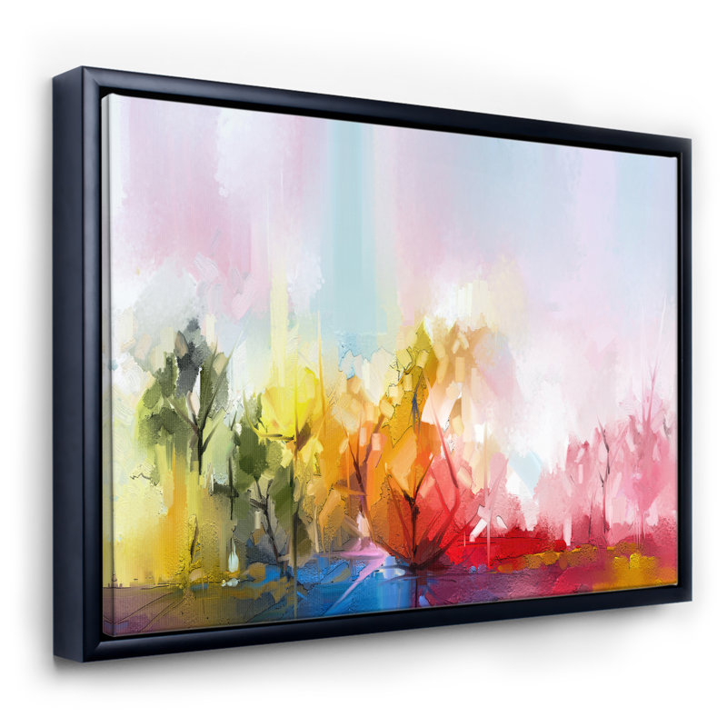 Arbre abstrait dans un pré coloré - reproduction d'art sur toile, H 30 po x l 40 po x 1,5 po, Toile avec cadre noir