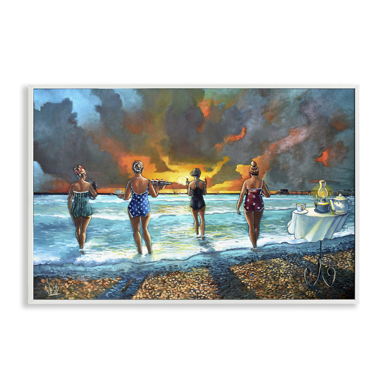 Élégantes dames sur la plage, estampe numérique encadrée par Ronald West, Blanc, H 12 po x l 18 po
