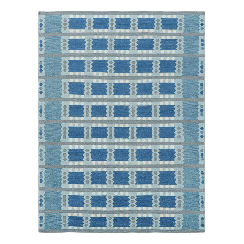 Rug & Kilim’S Scandinavian Rug In Blue And Gray With Geometric Patterns, Rectangle 12' x 15'