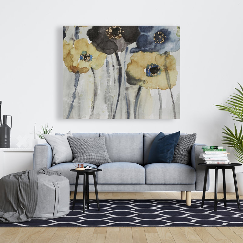 Toile contemporaine grise, bleue et jaune