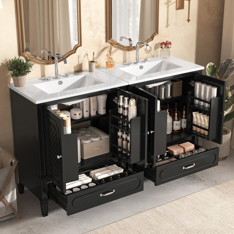 Ensemble de meuble-lavabo 60 po avec lavabo double 60 po, 2 armoires avec porte, 2 tiroirs, noir