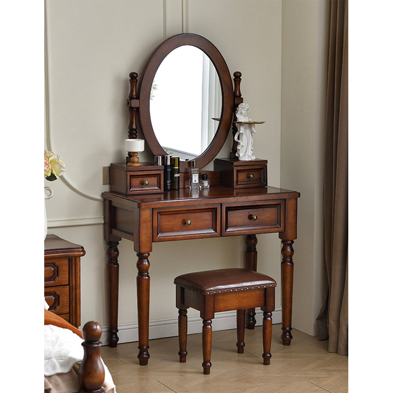 Table de coiffeuse en bois d'hévéa de style américain avec tiroirs de rangement multiples, Chestnut