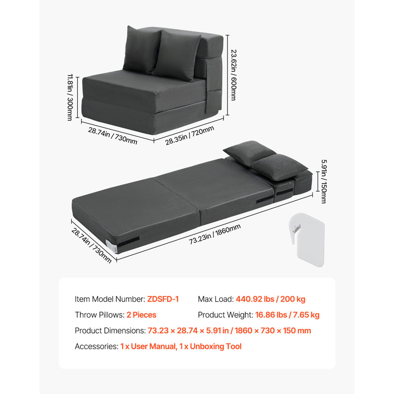 Canapé-lit pliant Boneless 3-en-1 avec 2 coussins gris foncé