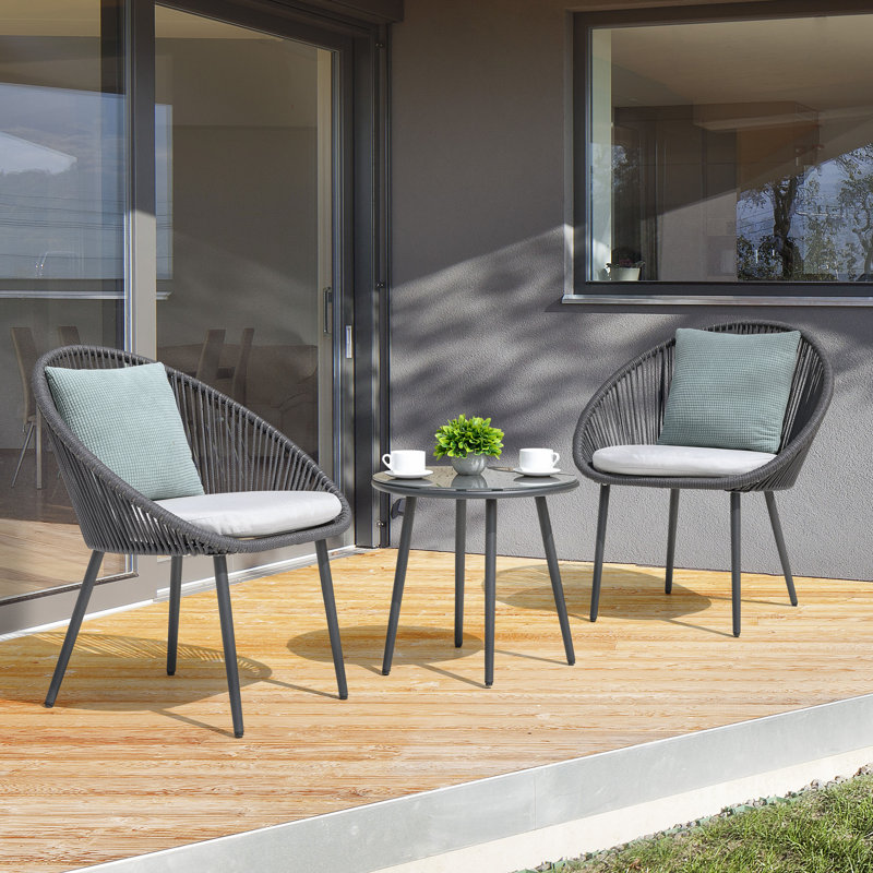 Kulp 3-Piece Patio Bistro Set, Outdoor Conversation Chair Set Balcony with Tempered Glass Coffee Table and Light Gray Cushions, Water-Resistant Woven Rope for Poolside