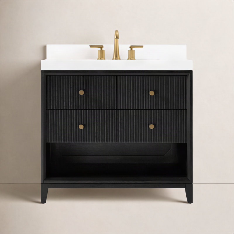 Momo 36" Freestanding Single Bathroom Vanity With White Quartz Vanity Top And White Undermount Basin, Black Oak, 36"