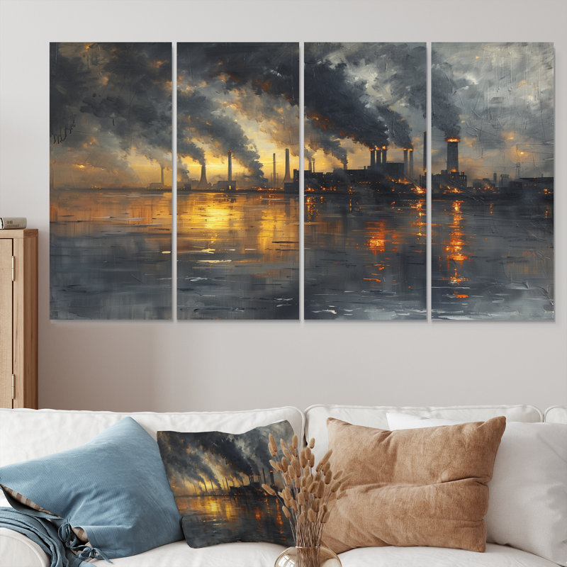 Ensemble d'œuvres d'art sur toile gris et charbon au charbon I - Power Plants, H 32 po x l 64 po