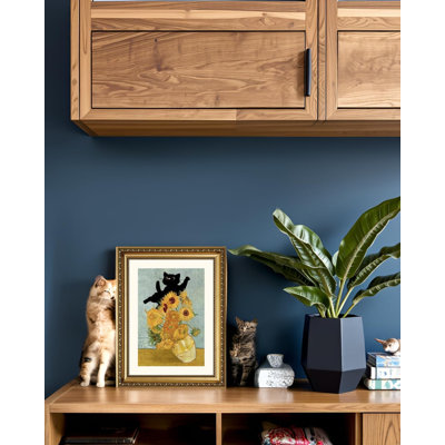 Van Gogh Sunflowers with Black Cat Framed Wall Art for Whimsical Art Lovers Decor