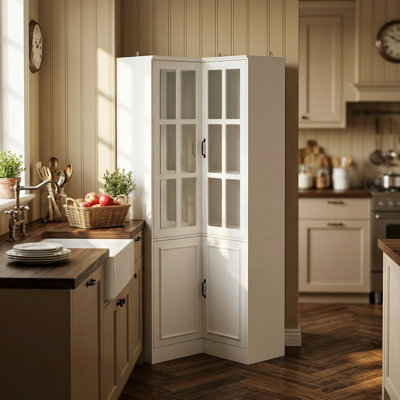 Modern Corner Pantry Cabinet With Glass Doors – Space-Saving Kitchen Storage Unit