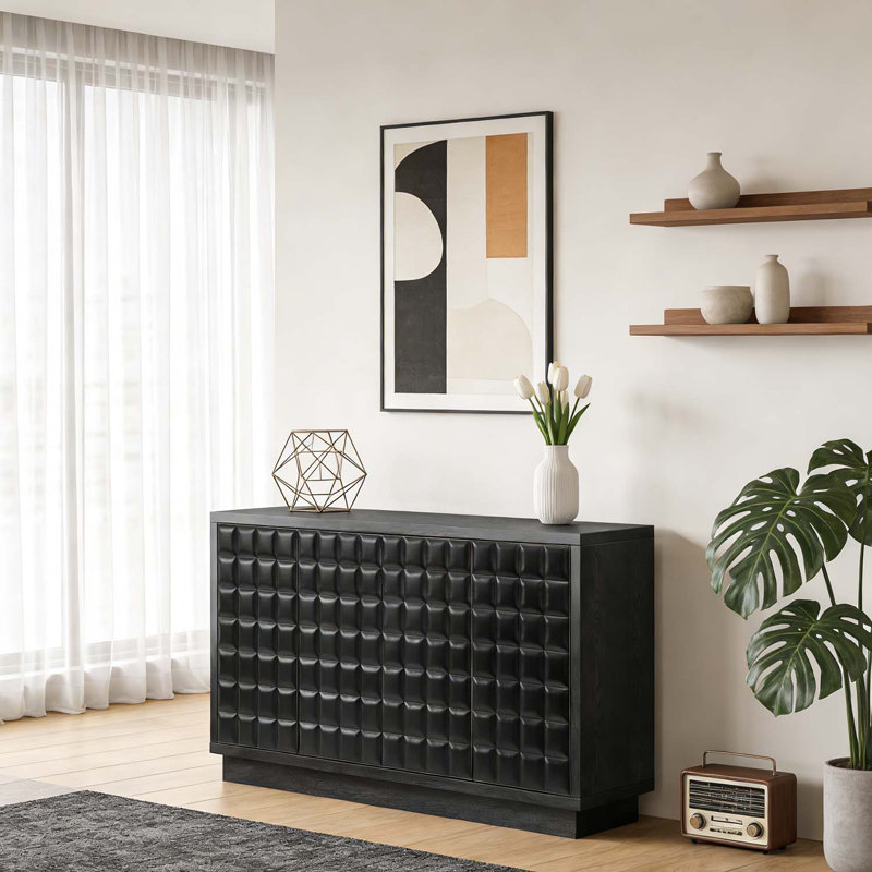 Armoire de rangement moderne à 4 portes avec portes géométriques 3D, Noir
