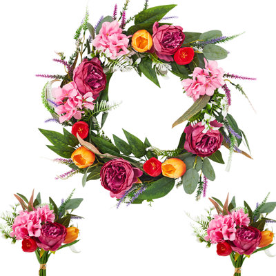 Spring/Summer Artificial Front Door Wreath Set - Peony Tulip Hydrangea Faux Floral Wreath with Greenery on Natural Rattan Base, Includes 2 Matching Flower Bouquets, 22 Inch