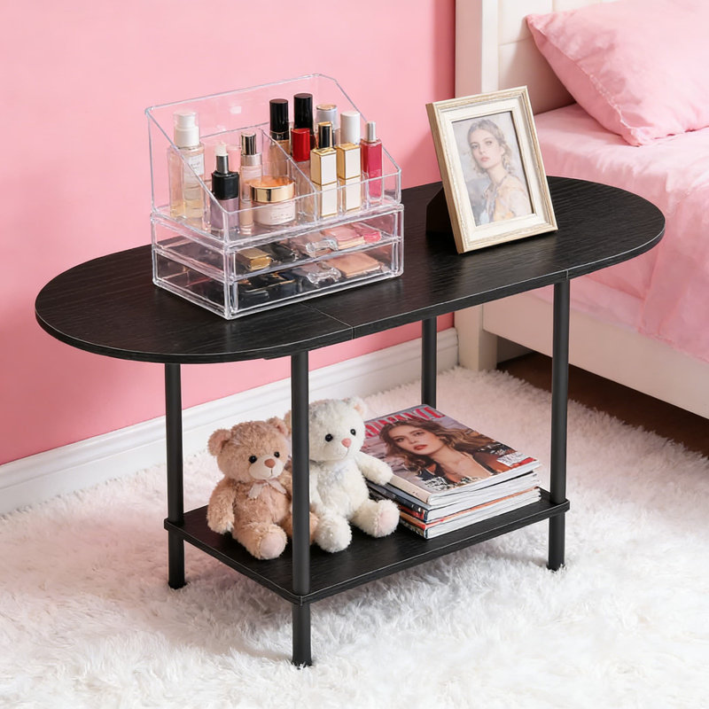 Table basse de style Mid-Century moderne avec tablette de rangement, table de cocktail ovale à 2 niveaux pour les petits espaces, table de salon de style campagnard avec plateau en bois robuste et structure en métal
