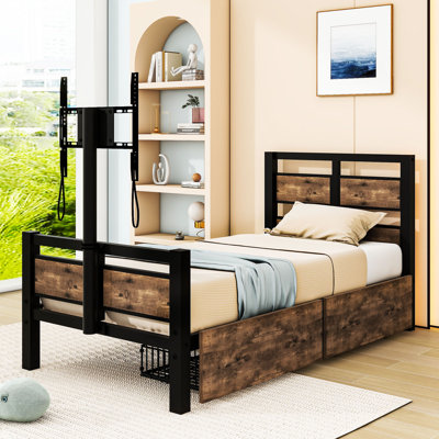Twin Metal Platform Bed with Rotatable TV Stand and 2 Storage Drawers -  17 Stories, F22C0C4E60704DAFB3F8C2ADAF187433