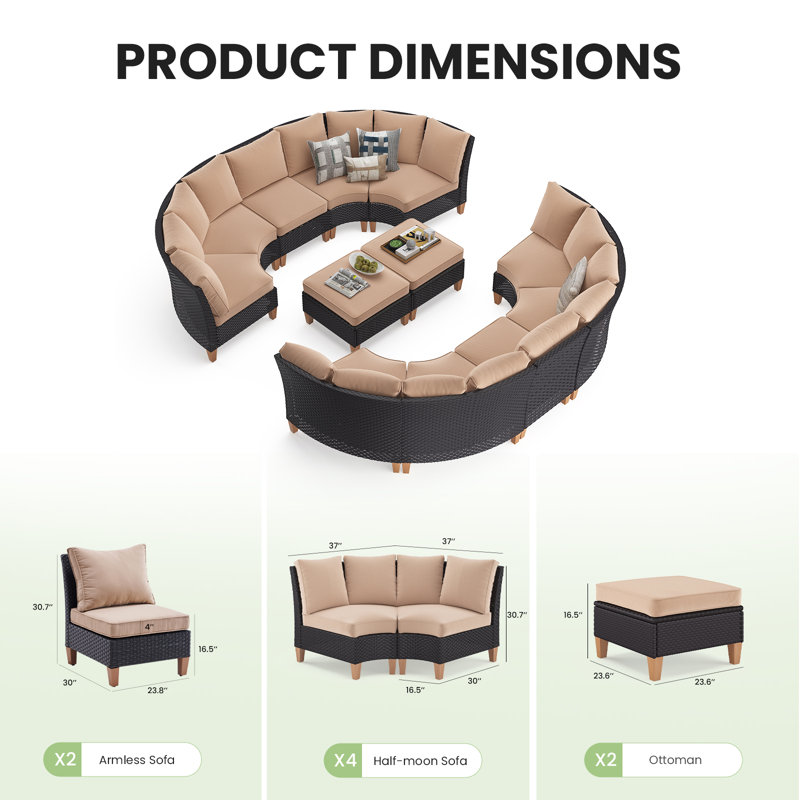 Ensemble de conversation modulaire en rotin pour 5 à 10 personnes avec coussins, 10