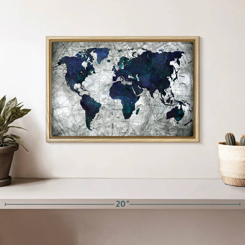 Carte du monde, 13 po x 9 po, Cadre flottant en bois naturel