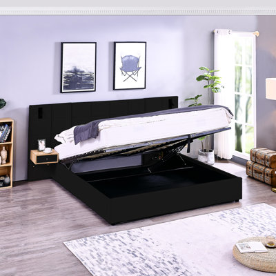 Black Velvet Upholstered King Size Hydraulic Platform Bed With 2 Shelves, Lights And - Modern Luxury Bedroom Bed, No Box Spring, Large Storage Upholstery, Furniture, Reliable Support, Big