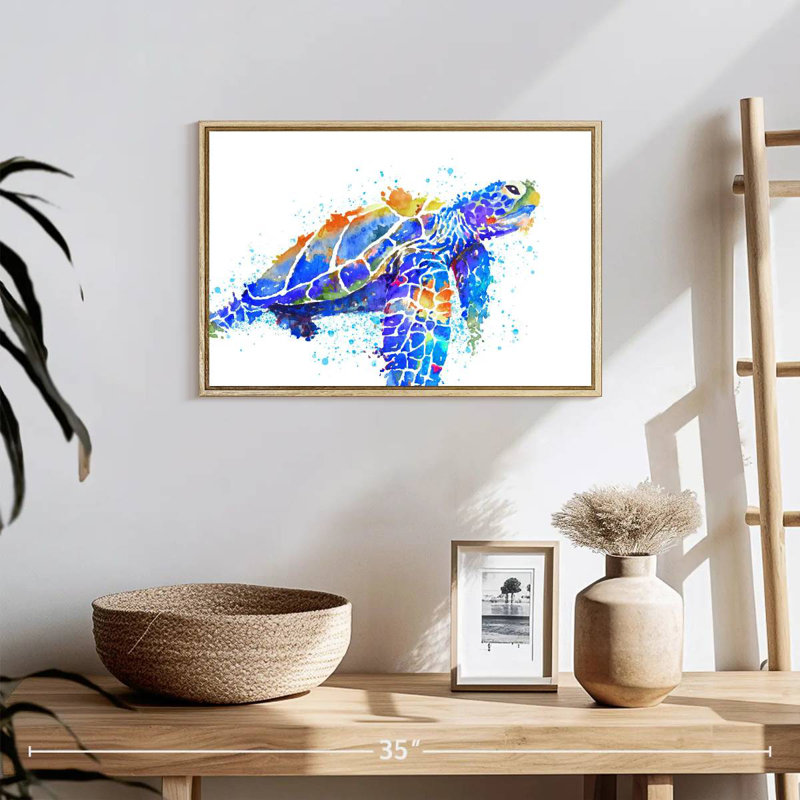 Aquarelle de tortue de mer, 19 po x 13 po, Cadre flottant en bois naturel