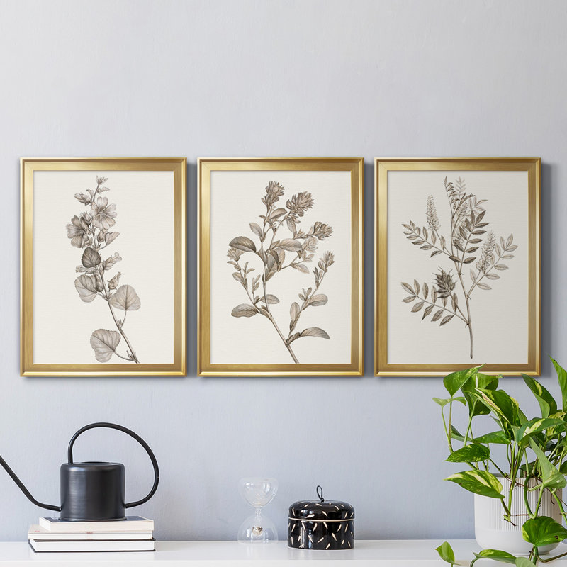 Neutral Botanical Study I - Ensemble de 3 impressions sur toile encadrées, H 22,5 po x l 91,5 po x P 1,5 po, Doré