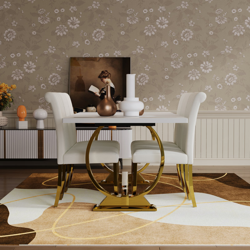 White Leather Dining Chairs With Mirrored Gold Legs Set Of 2