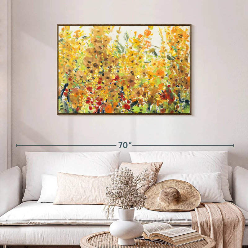 Golden Summer Garden I, 43 po x 29 po, Cadre flottant en noyer