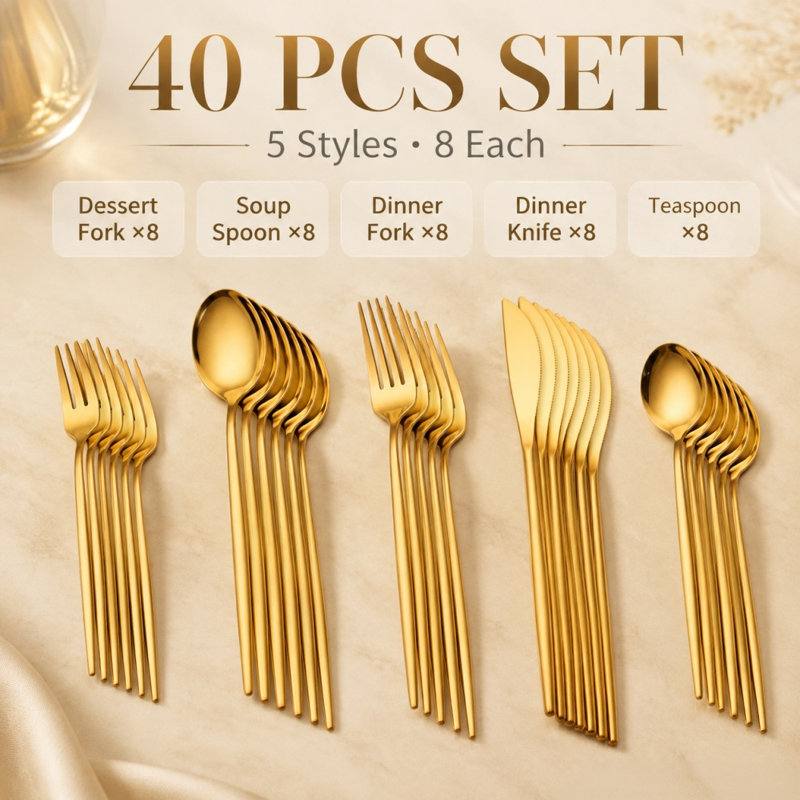 Ménagère 40 pièces dorées pour 8 personnes, en acier inoxydable, manches en métal doré miroir, compatible lave-vaisselle (40 pièces)