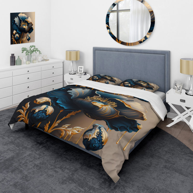 Ensemble de housse de couette en microfibre / polyester bleu foncé et doré, Housse de couette pour très grand lit et 2 très