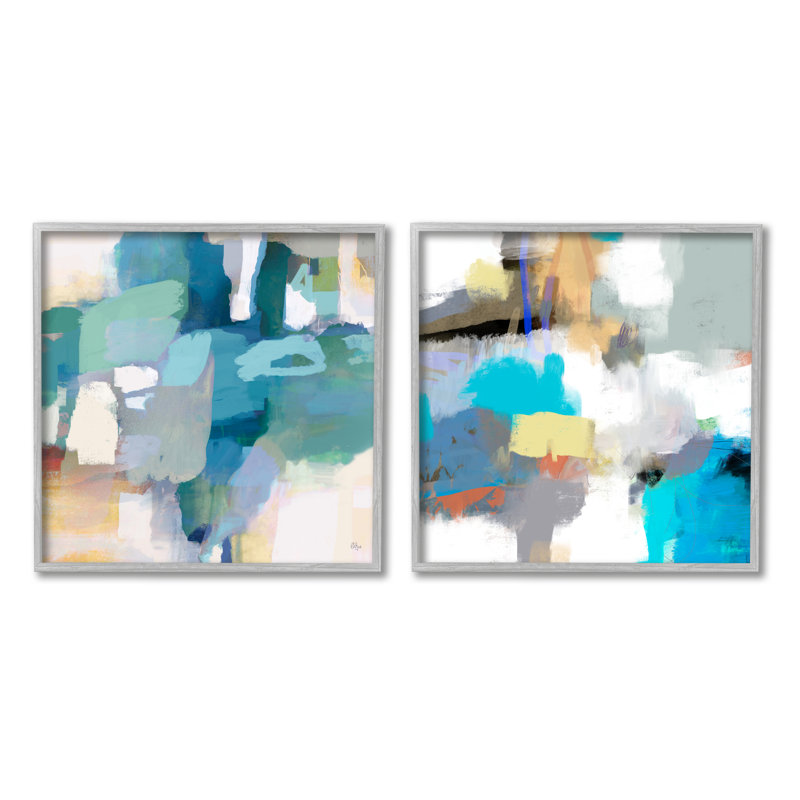 «Modern Blocked Brush Strokes Abstract Collage» par Lisa Ridgers, ensemble de 2 peintures sur cadre flottant