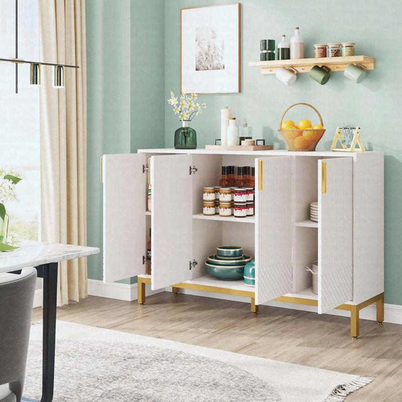 59.74" White & Gold Buffet Sideboard With Geometric Doors, Luxury Storage Cabinet, White