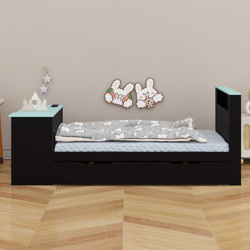 Stylish Wood Daybed with Trundle, Desk, LED Lights and USB Charging System, Black+Blue