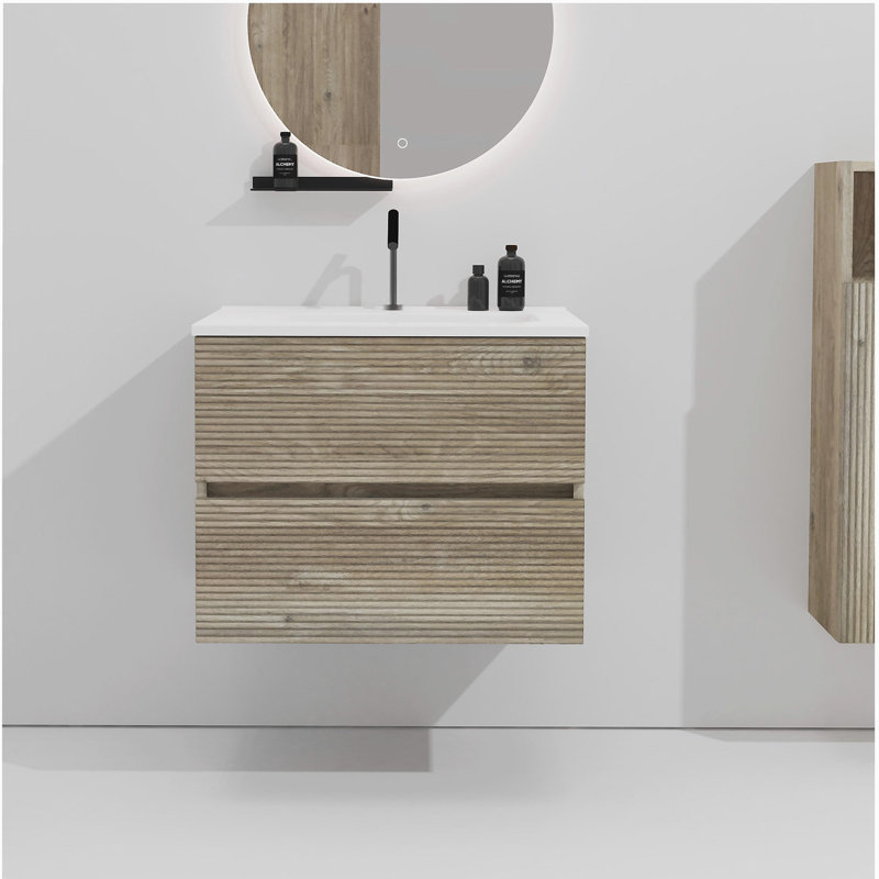 Gloria 24" Wall Mounted Rough Oak&Rough Oak Bathroom Vanity with Integrated Ceramic Sink with Overflow, Large Storage Floating Bathroom Vanity for Modern Bathroom,KD