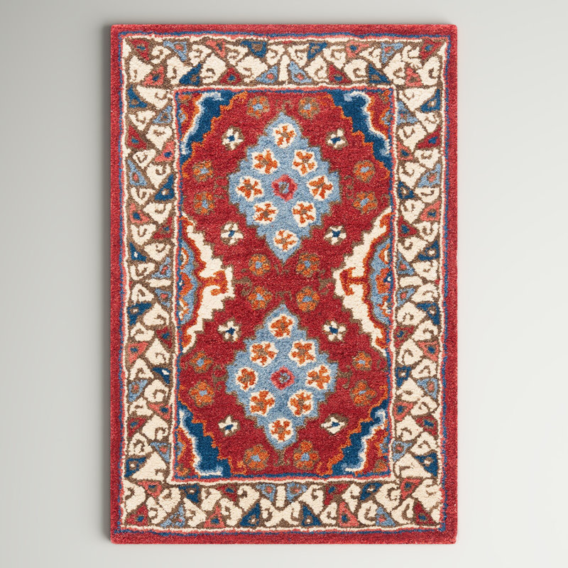 Armintha Geometric Handmade Tufted Wool/Cotton Red/Blue Area Rug, Rectangle 4' x 6'